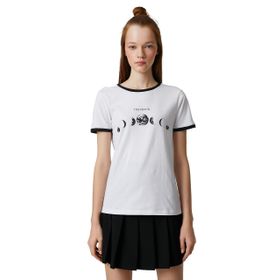 Koton 001 Kadın Kırık Beyaz Baskılı Tişört Kollu Bisiklet Yaka Biye Detaylı T-shirt