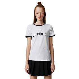 Koton 001 Kadın Kırık Beyaz Baskılı Tişört Kollu Bisiklet Yaka Biye Detaylı T-shirt