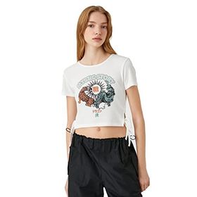 Koton 001 Kadın Kırık Beyaz Crop Baskılı Bisiklet Yaka Kısa Kollu Bağlama Detaylı T-shirt