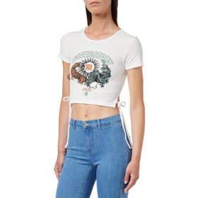 Koton 001 Kadın Kırık Beyaz Crop Baskılı Bisiklet Yaka Kısa Kollu Bağlama Detaylı T-shirt
