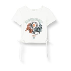 Koton 001 Kadın Kırık Beyaz Crop Baskılı Bisiklet Yaka Kısa Kollu Bağlama Detaylı T-shirt