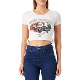 Koton 001 Kadın Kırık Beyaz Crop Baskılı Bisiklet Yaka Kısa Kollu Bağlama Detaylı T-shirt