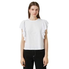 Koton 001 Kadın Kırık Beyaz Kolları Volanlı Bisiklet Yaka T-shirt