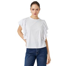 Koton 001 Kadın Kırık Beyaz Kolları Volanlı Bisiklet Yaka T-shirt
