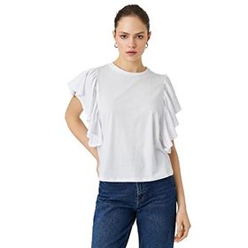 Koton 001 Kadın Kırık Beyaz Kolları Volanlı Bisiklet Yaka T-shirt
