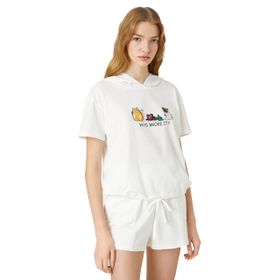 Koton 001 Kadın Kırık Beyaz Pamuklu Kısa Kollu Kapüşonlu Baskılı T-shirt