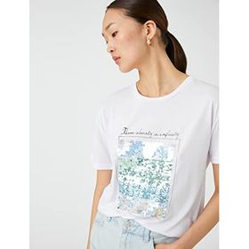Koton 001 Kadın Kırık Beyaz Payet Baskılı Bisiklet Yaka Kısa Kollu T-shirt