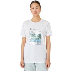 Koton 001 Kadın Kırık Beyaz Payet Baskılı Bisiklet Yaka Kısa Kollu T-shirt