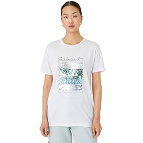 Koton 001 Kadın Kırık Beyaz Payet Baskılı Bisiklet Yaka Kısa Kollu T-shirt