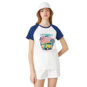 Koton 001 Kadın Kırık Beyaz Reglan Kol Rahat Kesim Bisiklet Yaka Baskılı T-shirt