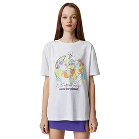 Koton 001 Kadın Kırık Beyaz Slogan Baskılı Bisiklet Yaka Kısa Kollu T-shirt