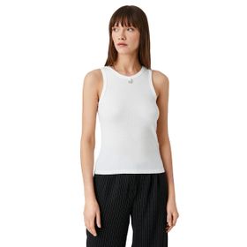 Koton 001 Kadın Kırık Beyaz Taş Detaylı Atlet Bisiklet Yaka Kolsuz T-shirt
