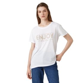 Koton 001 Kadın Kırık Beyaz Taş İşlemeli Kısa Kollu Bisiklet Yaka T-shirt