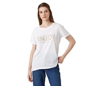 Koton 001 Kadın Kırık Beyaz Taş İşlemeli Kısa Kollu Bisiklet Yaka T-shirt