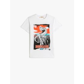 Koton 002 Erkek Çocuk Ekru Yuvarlak Yaka Kısa Kollu Dinozor Baskılı T-shirt