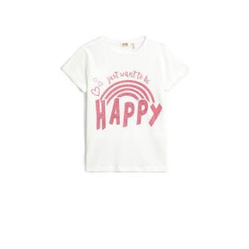 Koton 002 Kız Çocuk Kısa Kollu Simli Baskılı Bisiklet Yaka Pamuklu Ekru T-shirt