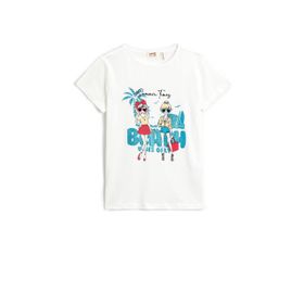 Koton 002 Kız Çocuk Kısa Kollu Simli Baskılı Bisiklet Yaka Pamuklu Ekru T-shirt