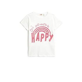Koton 002 Kız Çocuk Kısa Kollu Simli Baskılı Bisiklet Yaka Pamuklu Ekru T-shirt