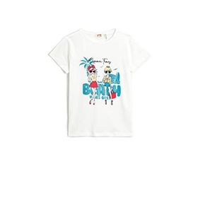 Koton 002 Kız Çocuk Kısa Kollu Simli Baskılı Bisiklet Yaka Pamuklu Ekru T-shirt