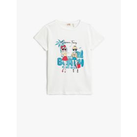 Koton 002 Kız Çocuk Kısa Kollu Simli Baskılı Bisiklet Yaka Pamuklu Ekru T-shirt