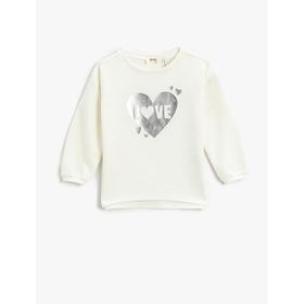Koton 002 Kız Çocuk Ribbanalı Parlak Kalp Baskılı Bisiklet Yaka Ekru Sweatshirt