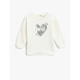 Koton 002 Kız Çocuk Ribbanalı Parlak Kalp Baskılı Bisiklet Yaka Ekru Sweatshirt