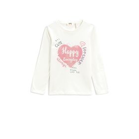 Koton 010 Kız Çocuk Ekru Uzun Kollu Baskılı Bisiklet Yaka Pamuklu T-shirt