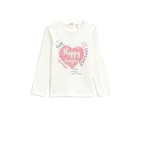 Koton 010 Kız Çocuk Ekru Uzun Kollu Baskılı Bisiklet Yaka Pamuklu T-shirt