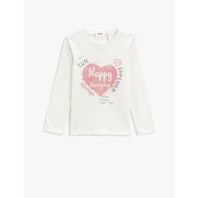 Koton 010 Kız Çocuk Ekru Uzun Kollu Baskılı Bisiklet Yaka Pamuklu T-shirt