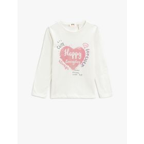 Koton 010 Kız Çocuk Ekru Uzun Kollu Baskılı Bisiklet Yaka Pamuklu T-shirt