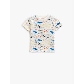 Koton 03E Erkek Bebek Ekru Desenli Kollu Bisiklet Yaka Köpek Balığı ve Balina Baskılı T-shirt