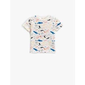 Koton 03E Erkek Bebek Ekru Desenli Kollu Bisiklet Yaka Köpek Balığı ve Balina Baskılı T-shirt