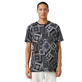 Koton 03U Bisiklet Yaka Desenli Kısa Kollu Siyah Erkek T-shirt