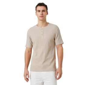 Koton 050 Bej Basic Hakim Yaka Düğmeli Dar Kesim Kısa Kollu Erkek T-shirt
