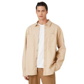 Koton 050 Erkek Oversize Uzun Kollu Cep Detaylı Bej Gömlek