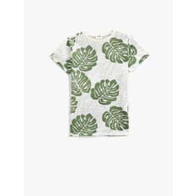 Koton 05V Erkek Çocuk Haki Desenli Palmiye Baskılı Kısa Kollu Bisiklet Yaka T-shirt