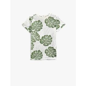 Koton 05V Erkek Çocuk Haki Desenli Palmiye Baskılı Kısa Kollu Bisiklet Yaka T-shirt