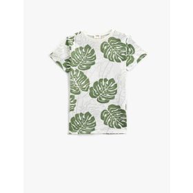 Koton 05V Erkek Çocuk Haki Desenli Palmiye Baskılı Kısa Kollu Bisiklet Yaka T-shirt