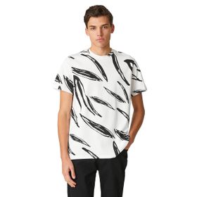 Koton 0D0 Erkek Beyaz Desenli Bisiklet Yaka Kısa Kollu Desenli T-shirt