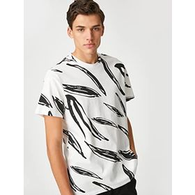 Koton 0D0 Erkek Beyaz Desenli Bisiklet Yaka Kısa Kollu Desenli T-shirt