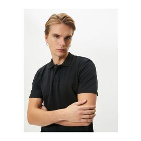 Koton 0KAM91718GT Siyah Polo Yaka Kısa Kollu Düğme Detaylı Erkek T-Shirt