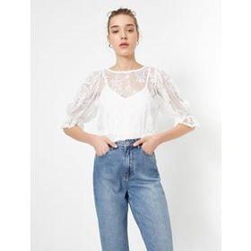 Koton 0YAK13071EK Pembe Bisiklet Yaka Kısa Kollu Dantel Detaylı Kadın T-shirt