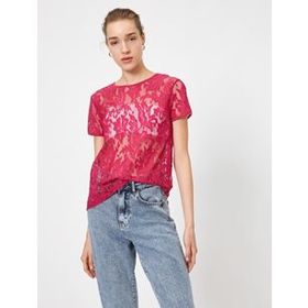 Koton 0YAK13071EK Pembe Bisiklet Yaka Kısa Kollu Dantel Detaylı Kadın T-shirt