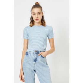Koton 0YAL18224IK Mavi Bisiklet Yaka Kısa Kollu Çizgili Kadın T-shirt