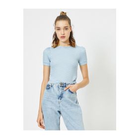 Koton 0YAL18224IK Mavi Bisiklet Yaka Kısa Kollu Çizgili Kadın T-shirt