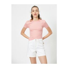 Koton 0YAL18224IK Mavi Bisiklet Yaka Kısa Kollu Çizgili Kadın T-shirt