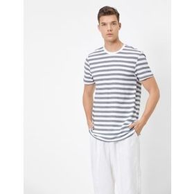Koton 0YAL18224IK Mavi Bisiklet Yaka Kısa Kollu Çizgili Kadın T-shirt