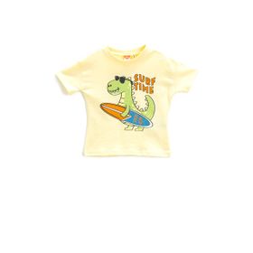 Koton 152 Erkek Bebek Sarı Dinozor Baskılı Kısa Kollu Bisiklet Yaka T-shirt
