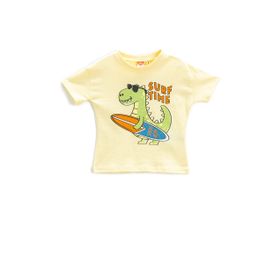 Koton 152 Erkek Bebek Sarı Dinozor Baskılı Kısa Kollu Bisiklet Yaka T-shirt