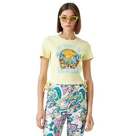Koton 152 Kadın Baskılı Bisiklet Yaka Bağlama Detaylı Sarı T-shirt
